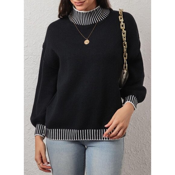 ✨Women's Black Fall Fashion Sweater Long Sleeve Striped Pullover Sweater Tops - Picture 7 of 7